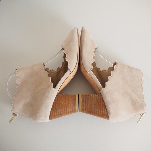 Anthropologie Block Heel Peep Toe Scalloped Shoes Women's Size 8M Tan Suede - Picture 8 of 11